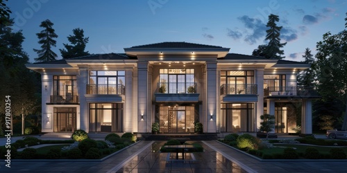 Luxurious Modern Mansion with Evening Lighting