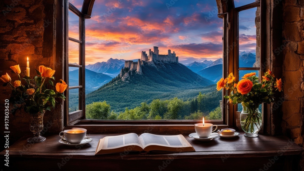 Castle view, cozy room, magical night sky, sunset, introspection, melancholy, isolation, candlelight, flowers, steaming tea, vivid colors, ultra-HD, realism, historical, abstraction Castle view, cozy room, magical night sky, sunset, introspection, melancholy, isolation, candlelight, flowers, steaming tea, vivid colors, ultra-HD, realism, historical, abstraction