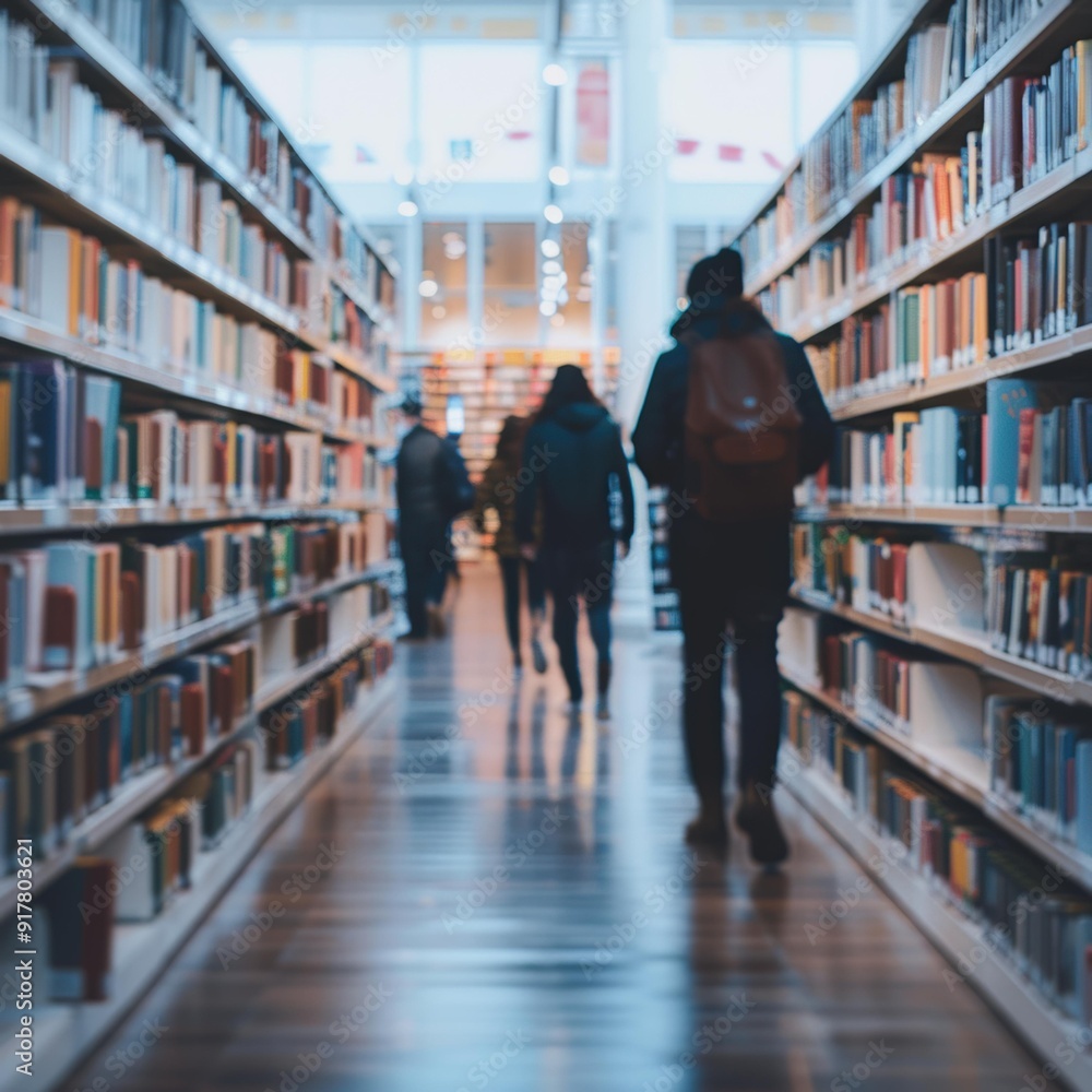 People walking through a library aisle. AI. People walking through a library aisle. AI.