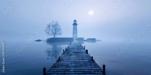 ighthouse in the sea with fog photo