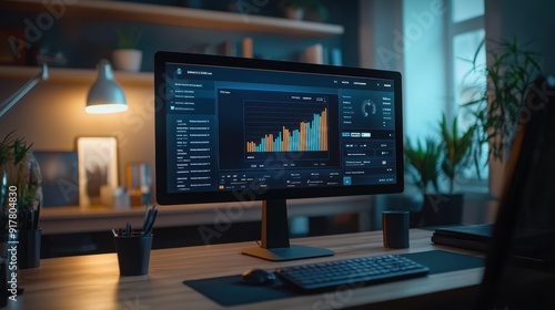 A home office setup featuring a computer screen displaying data charts and analytics, with soft ambient lighting and plants.