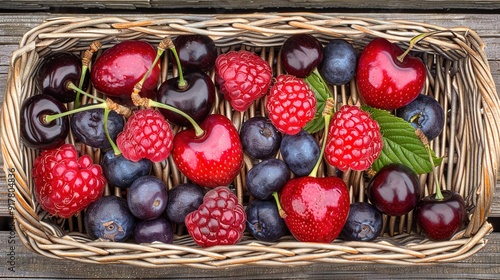   A wicker basket brimming with berries and cherries atop a wooden table beside a wooden fence