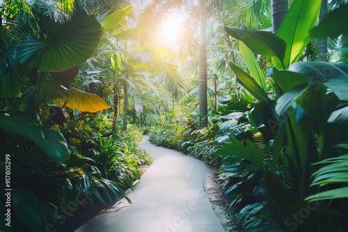 Sunlight Path through Lush Tropical Foliage