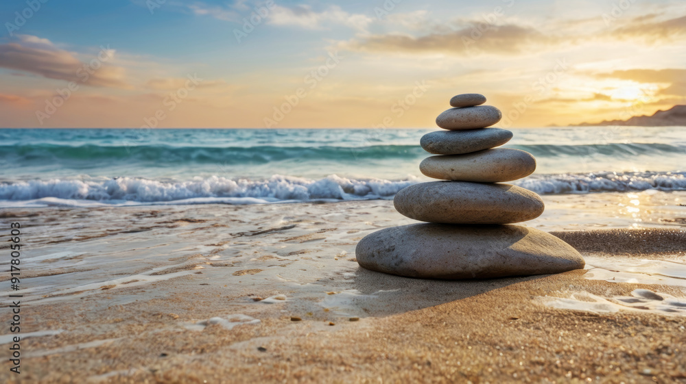 Fototapeta premium Balance of stones on the beach against the background of the sea