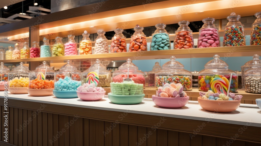 Bakery and snack shop, with background of various kinds of snacks in bowls and jars, in display cases and refrigerators