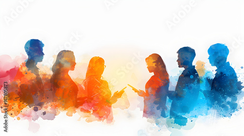 Wallpaper Mural 3D flat icon of people with watercolor business strategies and tablets discussing against dreamy background. Symbolizes seamless integration of creativity and planning in business. Isolated on white b Torontodigital.ca