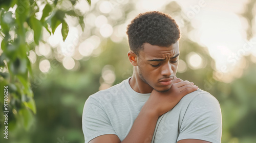 A young man in a t-shirt, grimacing as he holds his shoulder, set against a blurred natural backdrop. The tranquil scenery contrasts with the visible discomfort on his face. Photo