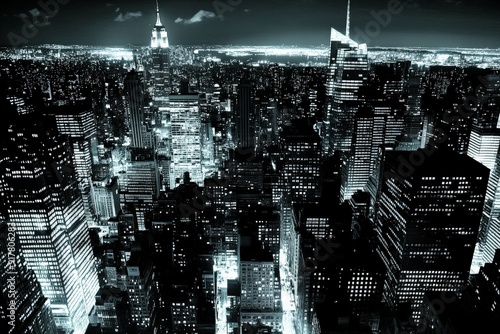 Nighttime aerial view of New York City skyline