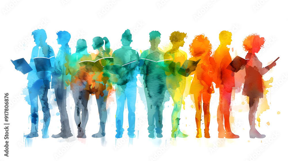 Obraz premium 3D flat icon of people with watercolor meeting agendas and tablets on a whimsical background, symbolizing creativity and technology in business meetings. White background with space for text or graphi
