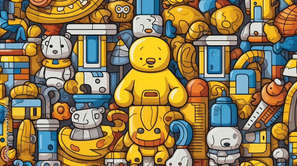 Obraz premium Illustration of a cat pattern, with a background of colorful children's toy balloons.