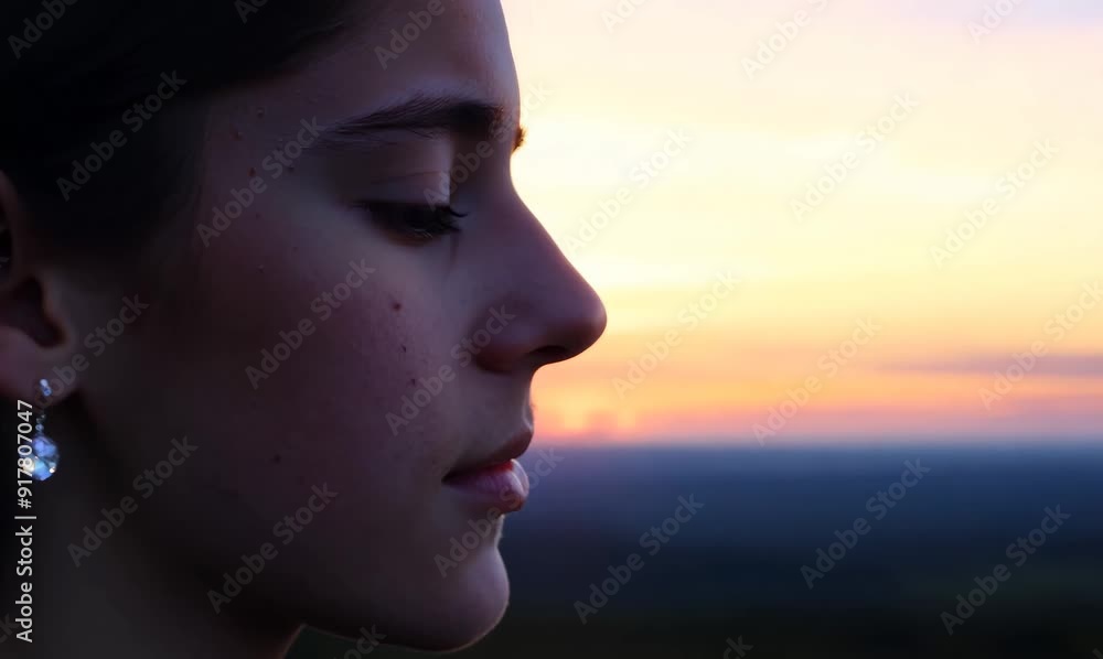 Beautiful young woman looking at sunset in the mountains. Selective focus. Beautiful young woman looking at sunset in the mountains. Selective focus.