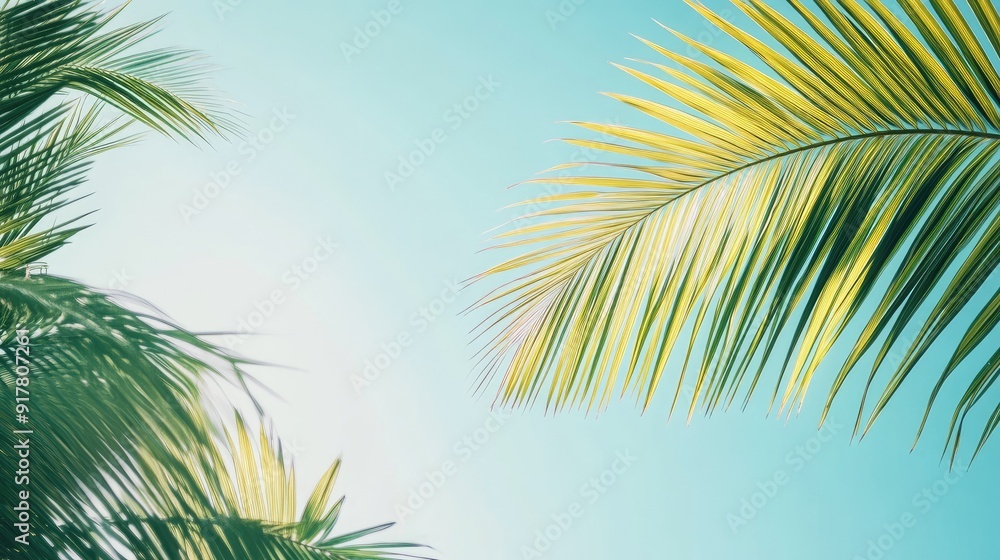 A serene scene of palm leaves swaying gently, set against a soft blue sky. A serene scene of palm leaves swaying gently, set against a soft blue sky.