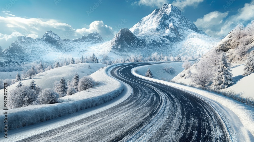 3D illustration of a snowy mountain road with detailed winter scenery 3D illustration of a snowy mountain road with detailed winter scenery