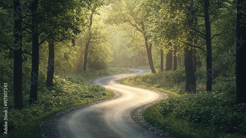 3D illustration of a rural road through a forest with trees and detailed foliage