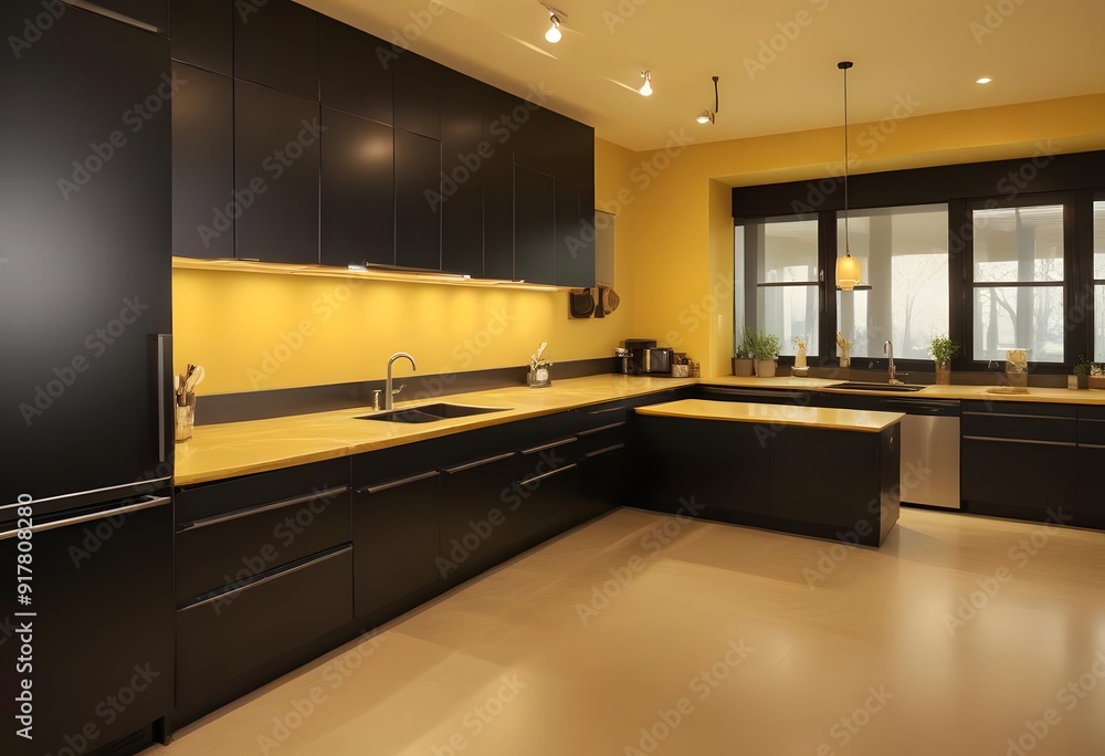 Modern kitchen interior with kitchen. A modern kitchen with a dark blue island, yellow backsplash, and stainless steel appliances Modern kitchen interior with kitchen. A modern kitchen with a dark blue island, yellow backsplash, and stainless steel appliances