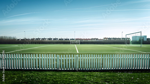 A white picket fence separates a grassy soccer field from a city