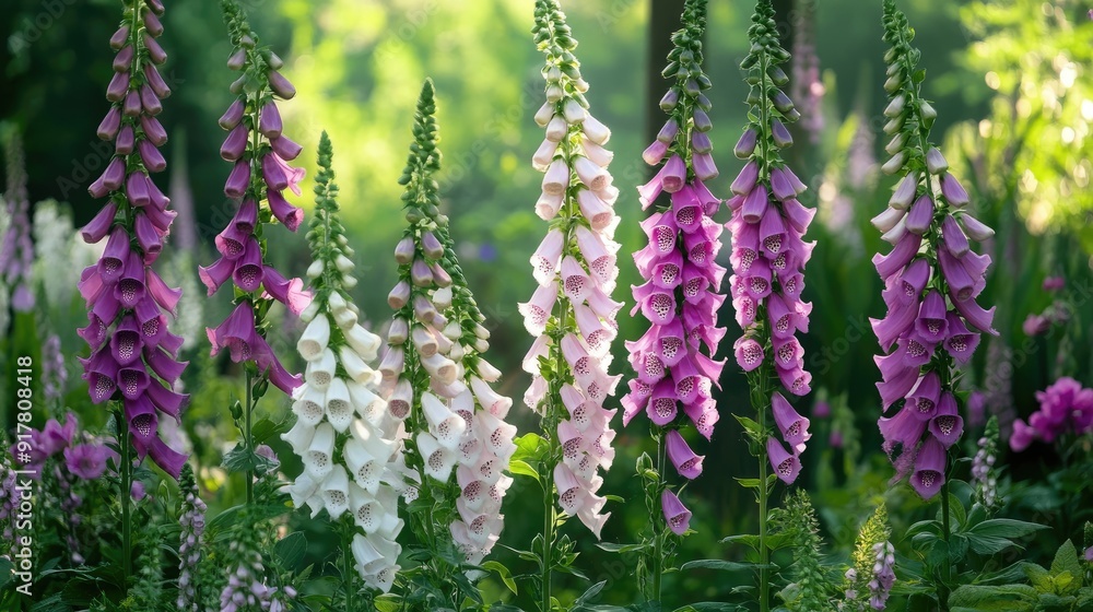 A garden filled with blooming foxgloves, providing a striking and lush floral background A garden filled with blooming foxgloves, providing a striking and lush floral background