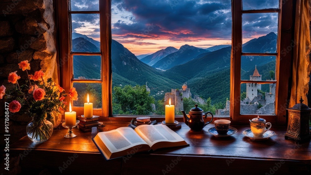 Castle view, cozy room, magical night sky, sunset, introspection, melancholy, isolation, candlelight, flowers, steaming tea, vivid colors, ultra-HD, realism, historical, abstraction Castle view, cozy room, magical night sky, sunset, introspection, melancholy, isolation, candlelight, flowers, steaming tea, vivid colors, ultra-HD, realism, historical, abstraction