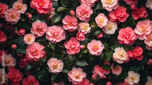 A lush display of blooming camellias, creating an elegant and vibrant floral background