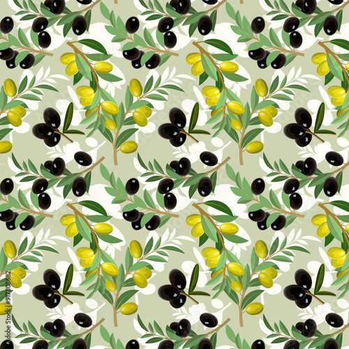 Colored background with olive branches.Vector seamless pattern with green and black olives on a colored background.