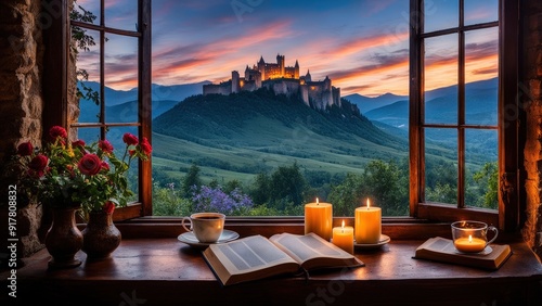 Castle view, cozy room, magical night sky, sunset, introspection, melancholy, isolation, candlelight, flowers, steaming tea, vivid colors, ultra-HD, realism, historical, abstraction