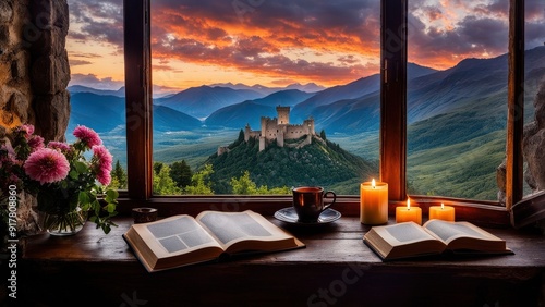 Castle view, cozy room, magical night sky, sunset, introspection, melancholy, isolation, candlelight, flowers, steaming tea, vivid colors, ultra-HD, realism, historical, abstraction