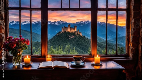 Castle view, cozy room, magical night sky, sunset, introspection, melancholy, isolation, candlelight, flowers, steaming tea, vivid colors, ultra-HD, realism, historical, abstraction