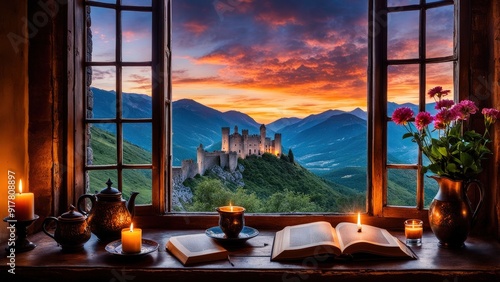 Castle view, cozy room, magical night sky, sunset, introspection, melancholy, isolation, candlelight, flowers, steaming tea, vivid colors, ultra-HD, realism, historical, abstraction