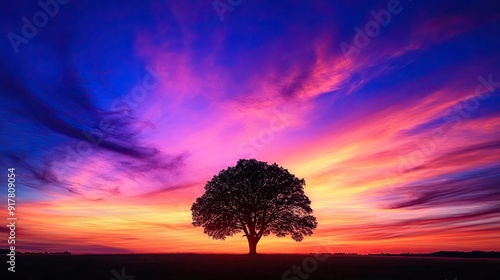 A single tree silhouette against a dynamic and colorful sky, creating a striking contrast in an open field setting.