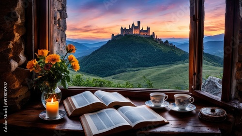 Castle view, cozy room, magical night sky, sunset, introspection, melancholy, isolation, candlelight, flowers, steaming tea, vivid colors, ultra-HD, realism, historical, abstraction