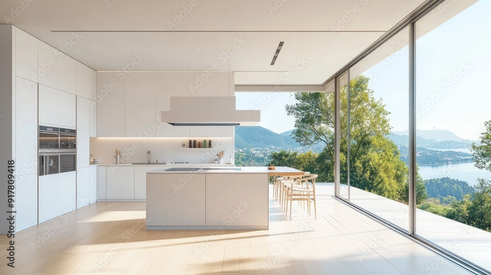Fototapeta premium Bright kitchen with a large window, white decor, and a scenic view