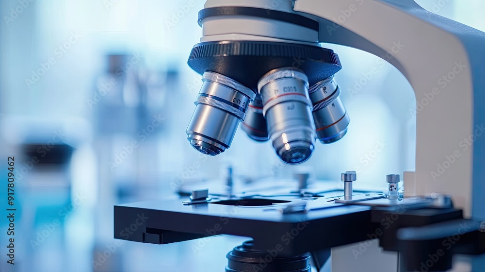 Close-up of a microscope with slides, ready for scientific research in a laboratory Close-up of a microscope with slides, ready for scientific research in a laboratory