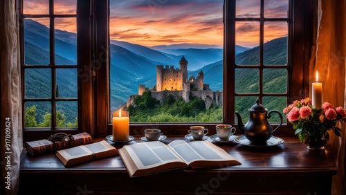 Castle view, cozy room, magical night sky, sunset, introspection, melancholy, isolation, candlelight, flowers, steaming tea, vivid colors, ultra-HD, realism, historical, abstraction