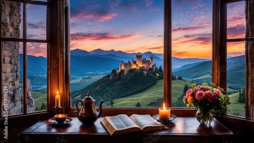 Castle view, cozy room, magical night sky, sunset, introspection, melancholy, isolation, candlelight, flowers, steaming tea, vivid colors, ultra-HD, realism, historical, abstraction