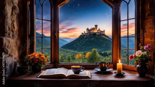 Castle view, cozy room, magical night sky, sunset, introspection, melancholy, isolation, candlelight, flowers, steaming tea, vivid colors, ultra-HD, realism, historical, abstraction