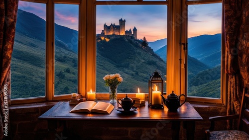Castle view, cozy room, magical night sky, sunset, introspection, melancholy, isolation, candlelight, flowers, steaming tea, vivid colors, ultra-HD, realism, historical, abstraction