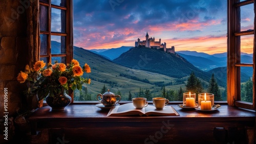 Castle view, cozy room, magical night sky, sunset, introspection, melancholy, isolation, candlelight, flowers, steaming tea, vivid colors, ultra-HD, realism, historical, abstraction