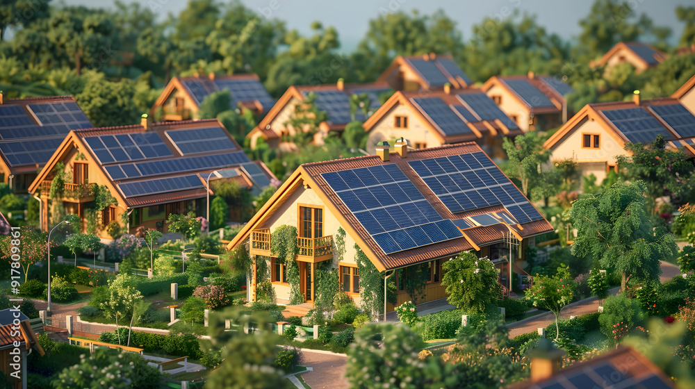 Houses with solar panels on the roof concept of sustainable living. Houses with solar panels on the roof concept of sustainable living.