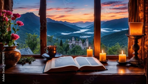 Castle view, cozy room, magical night sky, sunset, introspection, melancholy, isolation, candlelight, flowers, steaming tea, vivid colors, ultra-HD, realism, historical, abstraction