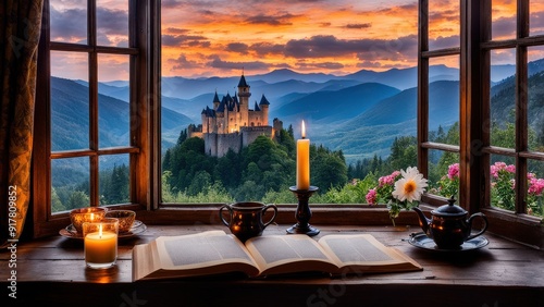 Castle view, cozy room, magical night sky, sunset, introspection, melancholy, isolation, candlelight, flowers, steaming tea, vivid colors, ultra-HD, realism, historical, abstraction