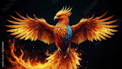 Illustration of a phoenix engulfed in flames, symbolizing rebirth. The fiery bird displays blazing wings and feathers against a black background.AI Generative  photo