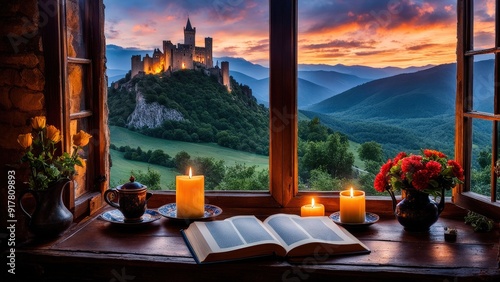 Castle view, cozy room, magical night sky, sunset, introspection, melancholy, isolation, candlelight, flowers, steaming tea, vivid colors, ultra-HD, realism, historical, abstraction