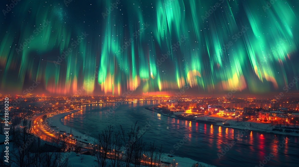 Fototapeta premium Artificial aurora borealis man-made light show over city