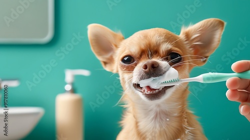 Cartoon Chihuahua Getting Its Teeth Brushed with Foamy Toothpaste