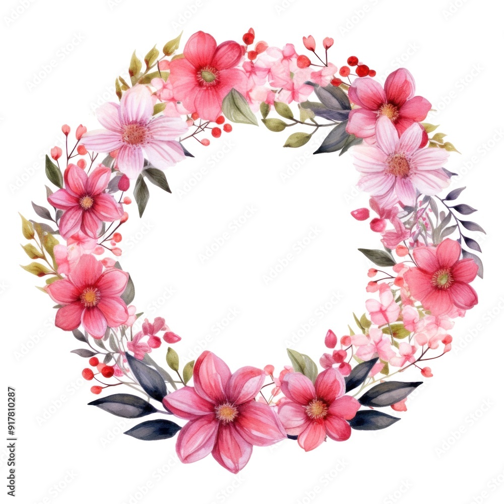 Fototapeta premium Beautiful Watercolor Floral Wreath Illustration with Pink and Red Flowers, Perfect for Invitations and Greeting Cards