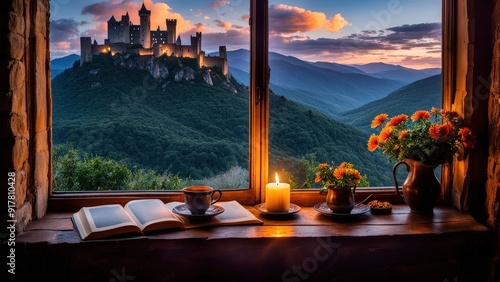 Castle view, cozy room, magical night sky, sunset, introspection, melancholy, isolation, candlelight, flowers, steaming tea, vivid colors, ultra-HD, realism, historical, abstraction