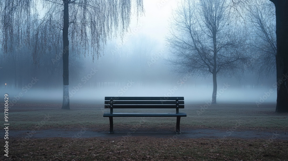 A solitary bench in a foggy park, surrounded by mist and bare trees, creating a mood of isolation. A solitary bench in a foggy park, surrounded by mist and bare trees, creating a mood of isolation.