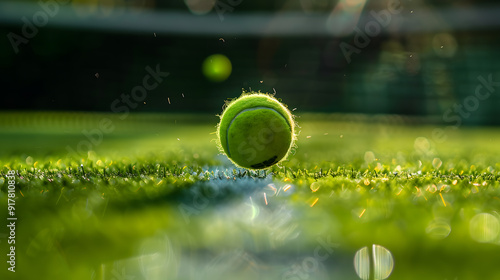 A tennis ball is sitting on a green court