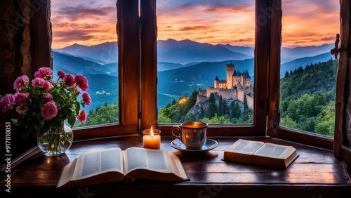 Castle view, cozy room, magical night sky, sunset, introspection, melancholy, isolation, candlelight, flowers, steaming tea, vivid colors, ultra-HD, realism, historical, abstraction