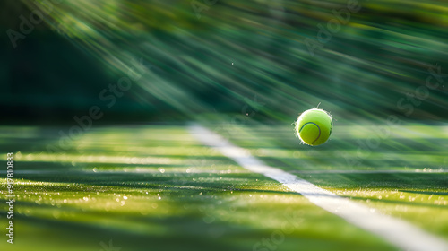 A tennis ball is sitting on a green court